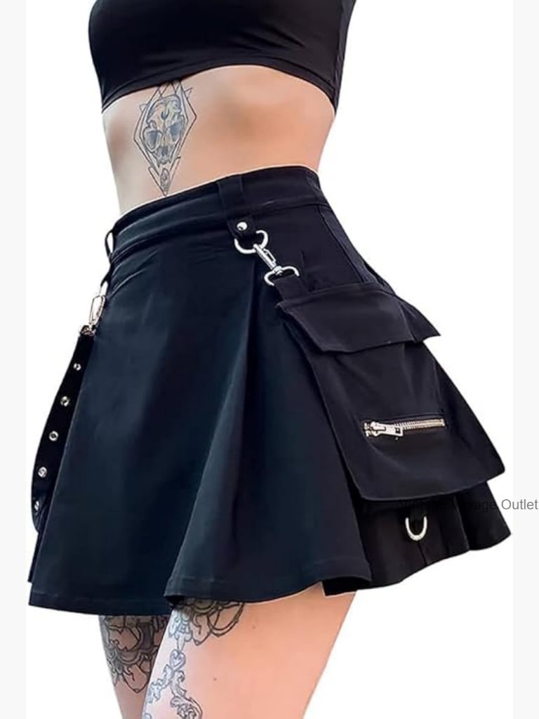 High Waisted Pleated Mini Skirt With Chain Pocket Zipper Closure